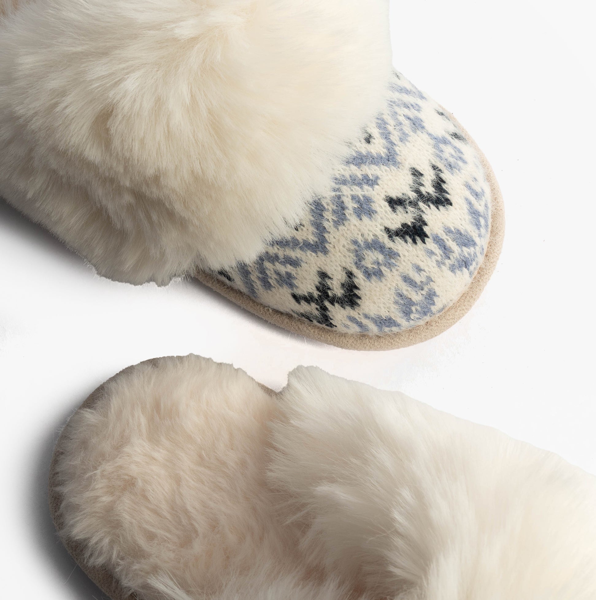 Totes Toasties FAIR ISLE KNIT Mule Slippers Womens Blue close-up view showcasing knitted design and soft lining.