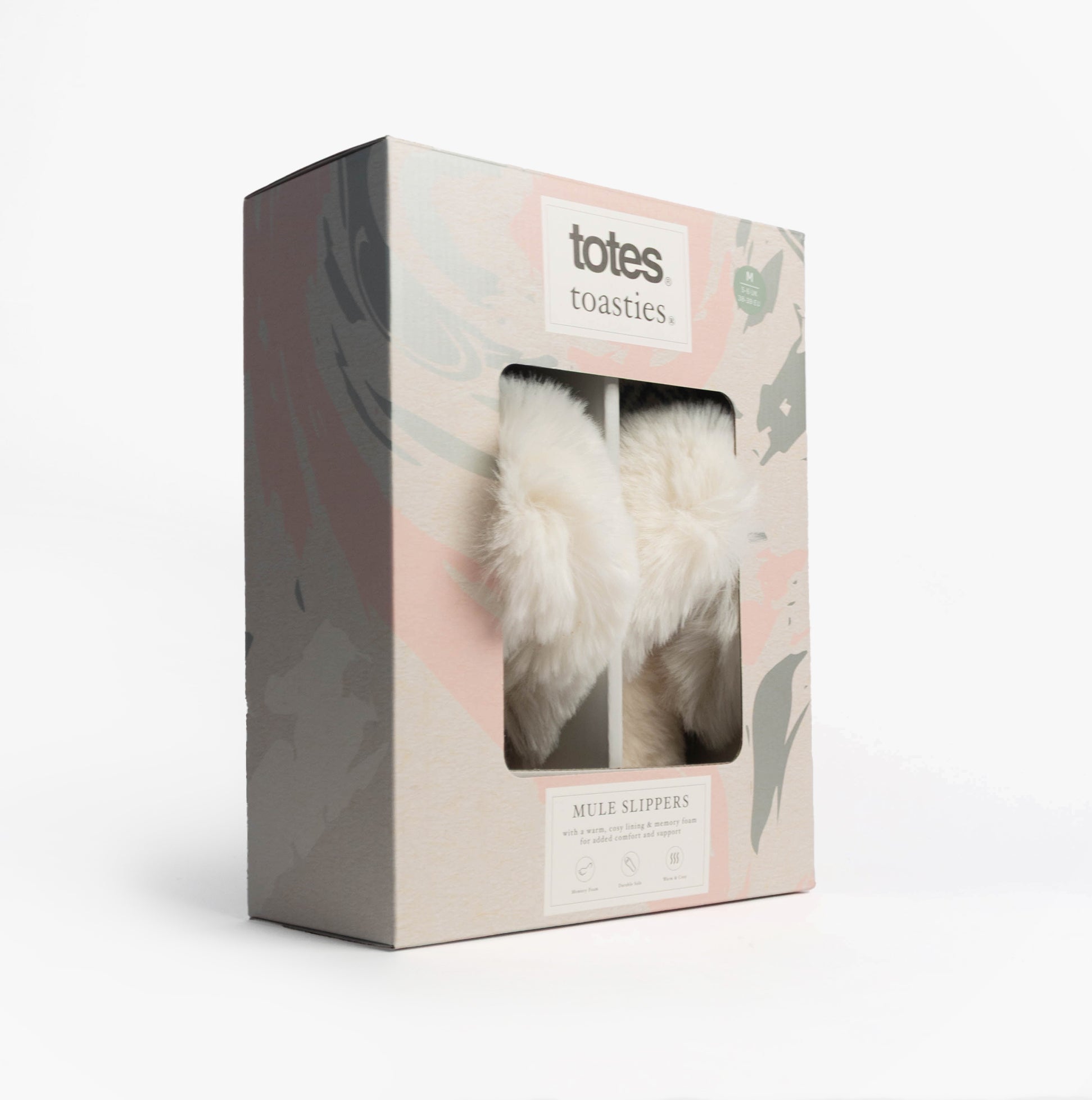 Totes Toasties FAIR ISLE KNIT Mule Slippers Womens Blue packaging display, showing front view with fluffy slippers inside.