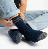Totes Toasties SUPER SOFT COSY SOCKS (Triple Pack) Mens Socks Navy Mix side view worn by a person, showcasing soft texture and colors.