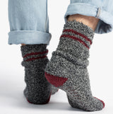 Totes Toasties SUPER SOFT COSY SOCKS (Triple Pack) Mens Socks Navy Mix side view showing grey and red striped slipper socks.