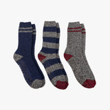 View of Totes Toasties SUPER SOFT COSY SOCKS (Triple Pack) Mens Socks Navy Mix, featuring navy, striped, and grey designs.