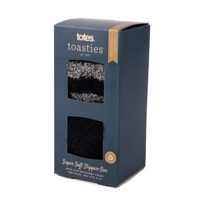 Totes Toasties SUPER Mens Socks Grey/Black, front view of gift box packaging displaying two pairs of socks.