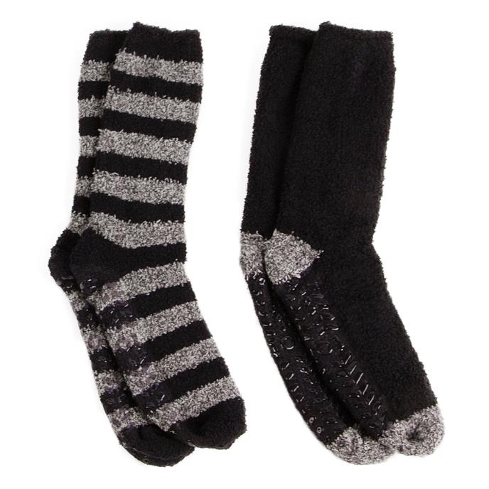 Totes Toasties SUPER Mens Socks Grey/Black side view showing striped and solid designs in a 2 pack.