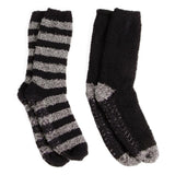 Totes Toasties SUPER Mens Socks Grey/Black side view showing striped and solid designs in a 2 pack.