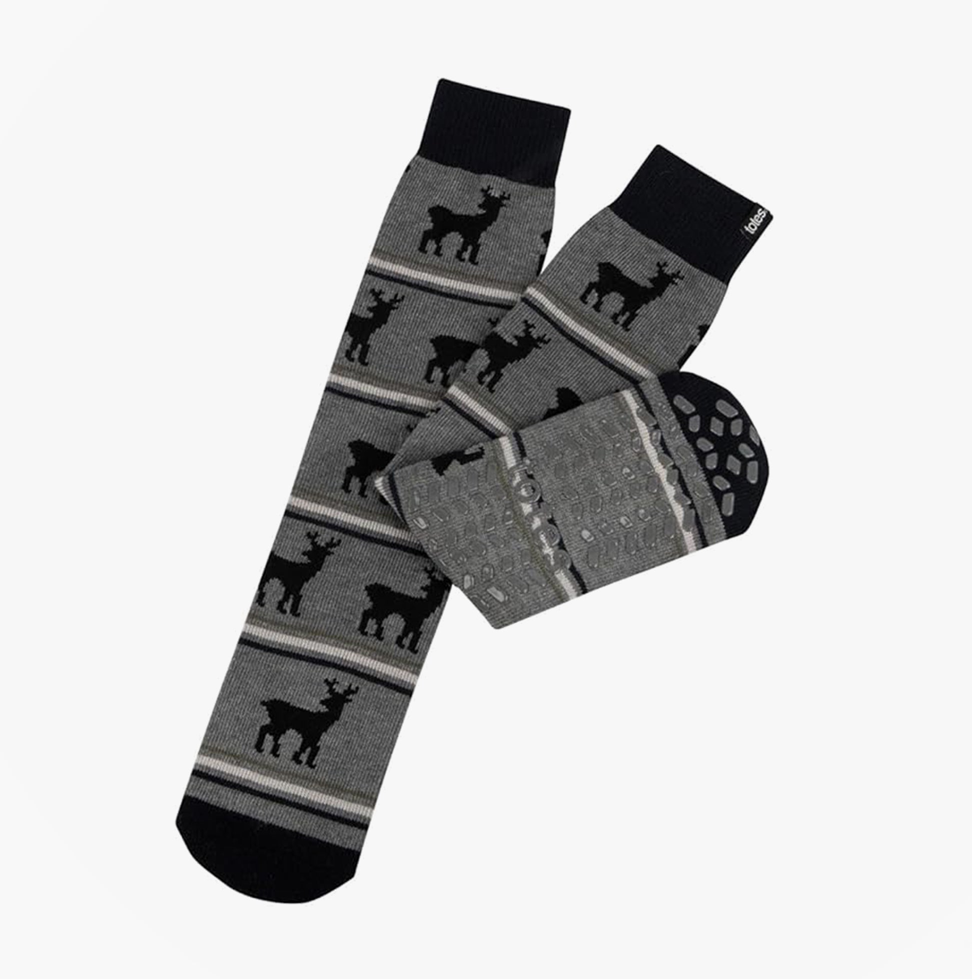 Totes Toasties ORIGINAL NOVELTY SLIPPER SOCKS Mens Socks Stag front view displaying slip-resistant tread and novelty design.