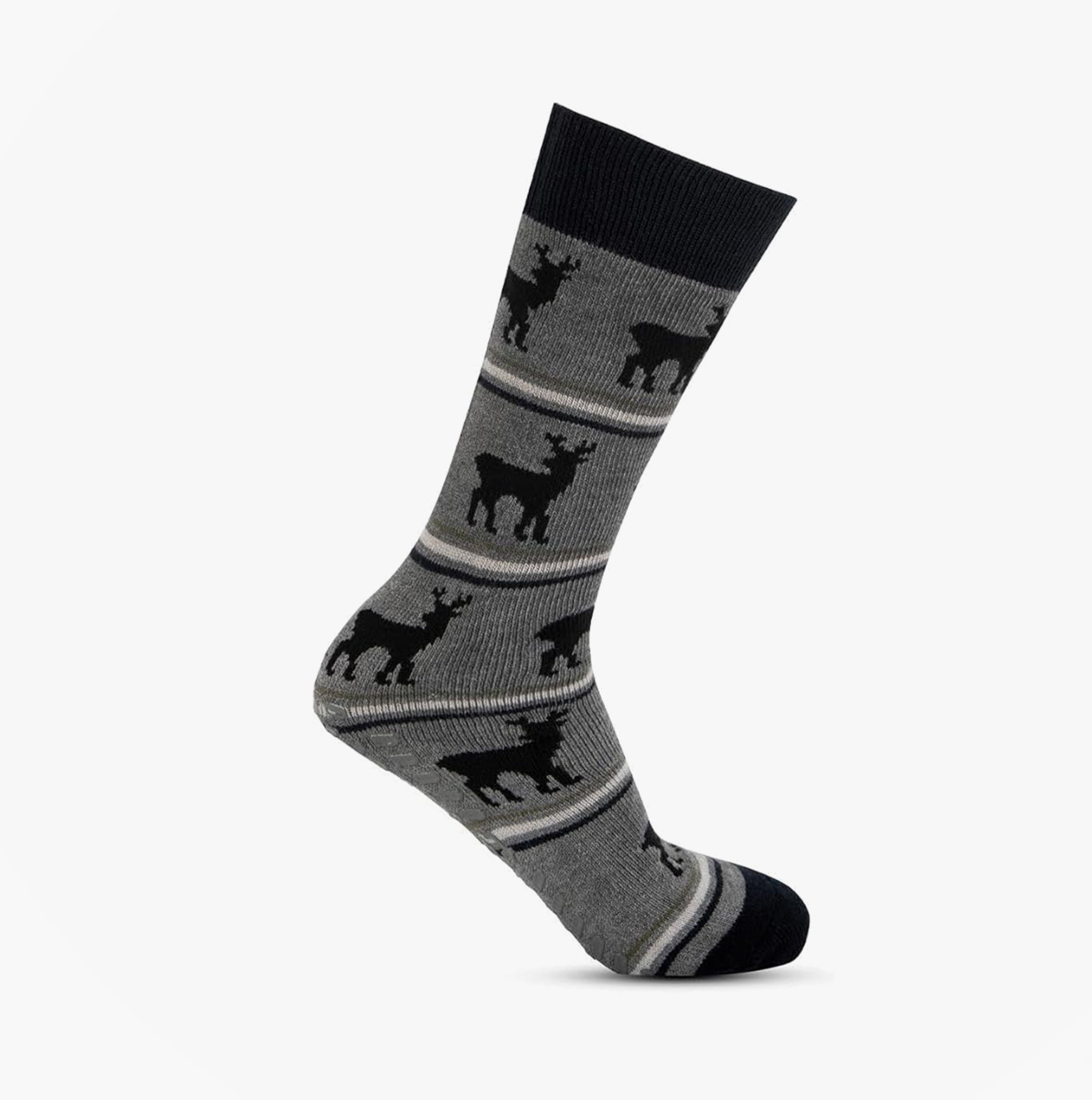 Totes Toasties ORIGINAL NOVELTY SLIPPER SOCKS Mens Socks Stag side view showing stag pattern and gray color