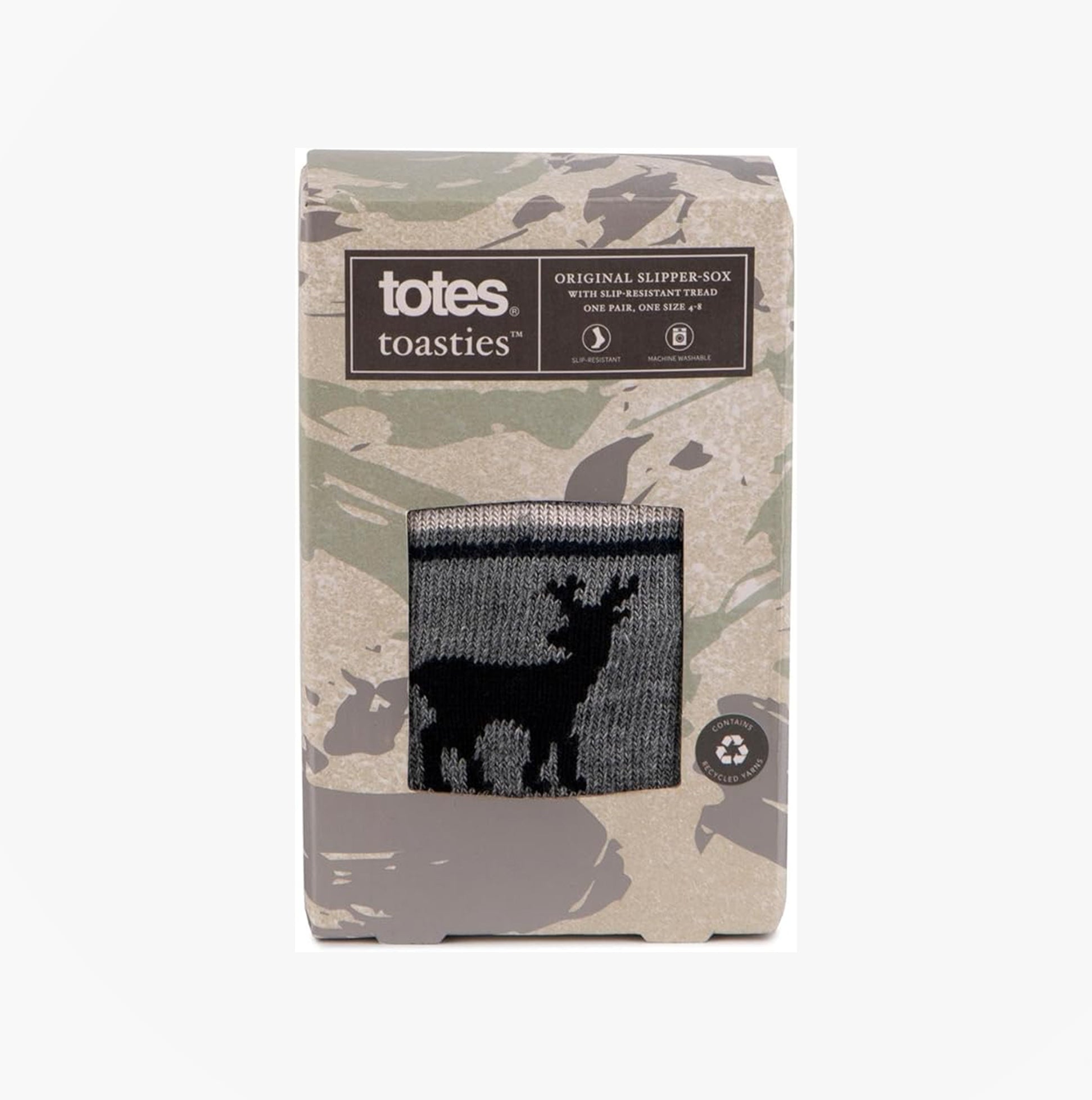 Totes Toasties ORIGINAL NOVELTY SLIPPER SOCKS Mens Socks Stag in gift box front view with camouflage background.