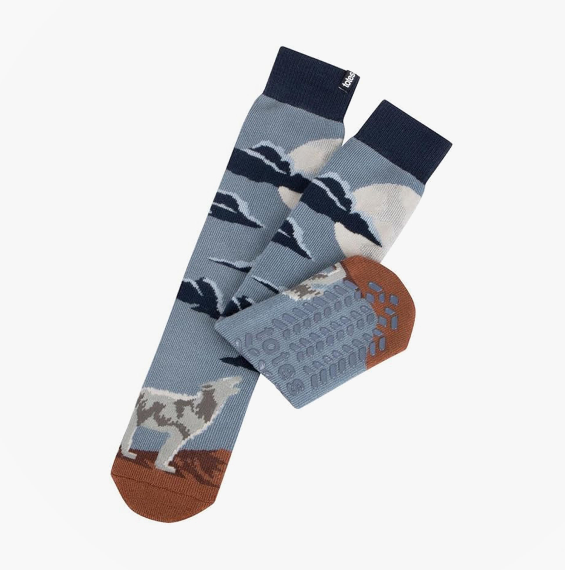Totes Toasties ORIGINAL NOVELTY SLIPPER SOCKS Mens Socks Wolf front view with blue and brown design featuring a wolf.