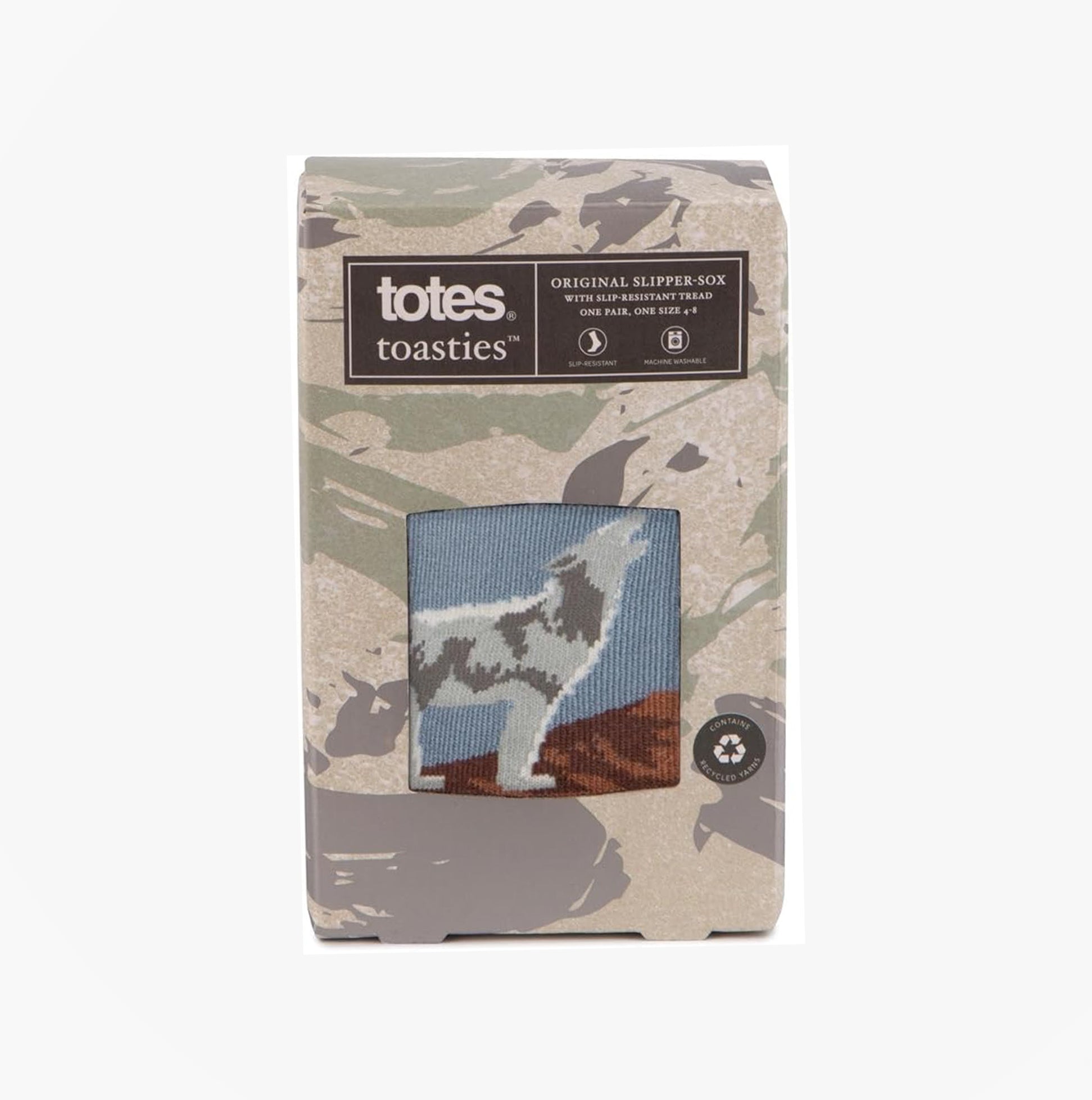 Totes Toasties ORIGINAL NOVELTY SLIPPER SOCKS Mens Socks Wolf product packaging front view with wolf design.