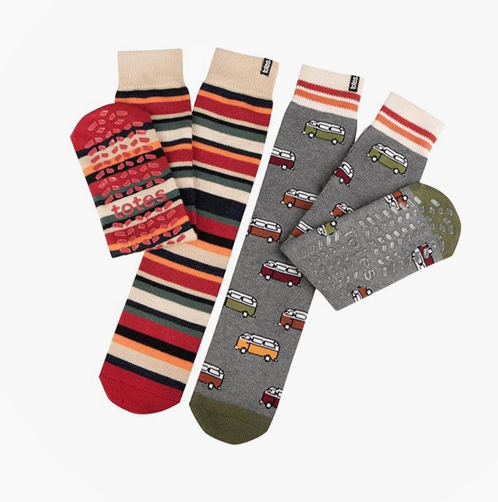 Totes Toasties ORIGINAL SLIPPER SOCKS (TWIN PACK) Mens Socks Campervan / Stripe, front view showing vibrant designs and colors.