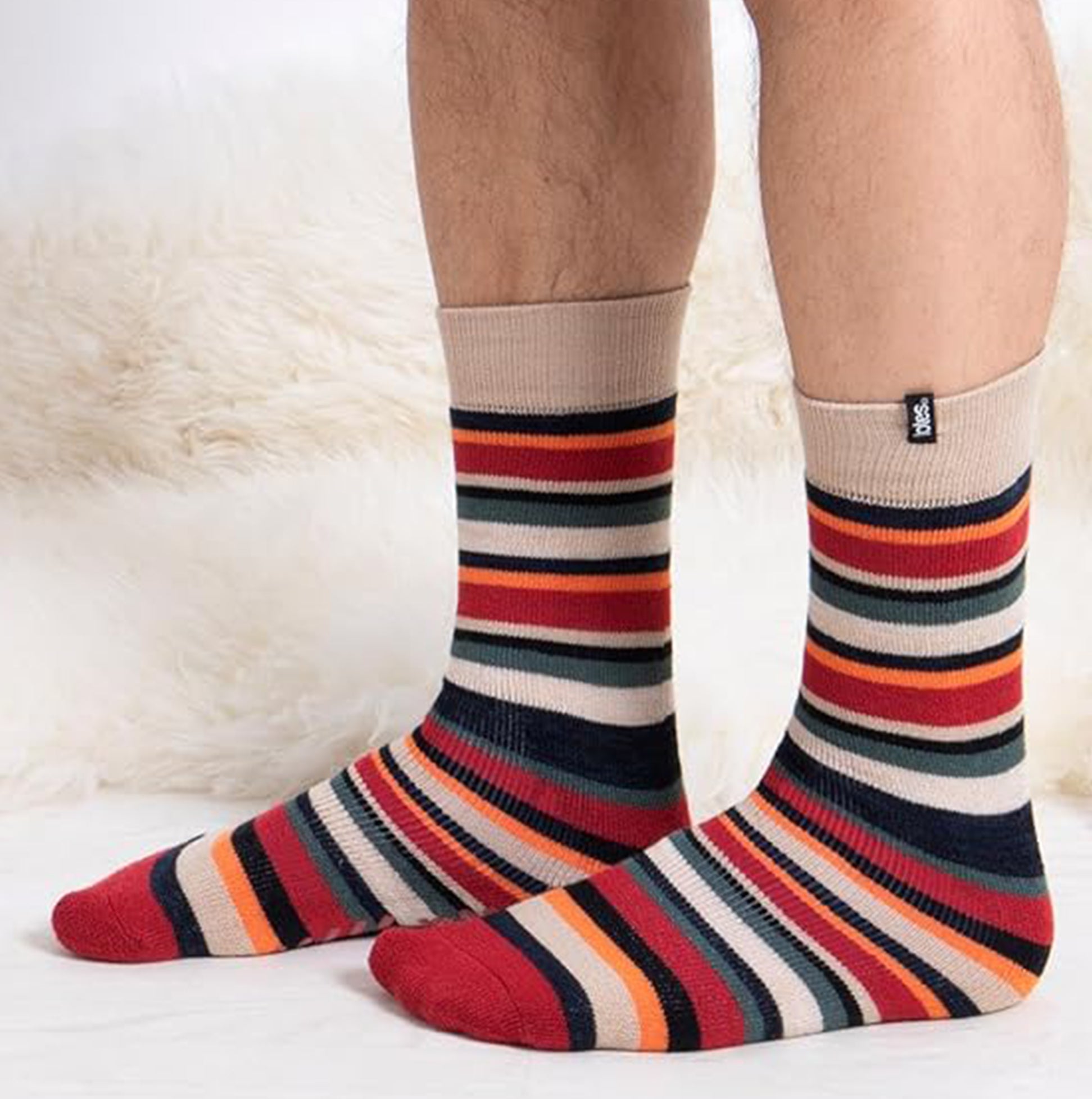 Totes Toasties ORIGINAL SLIPPER SOCKS (TWIN PACK) Mens Socks Campervan / Stripe side view showing striped design.