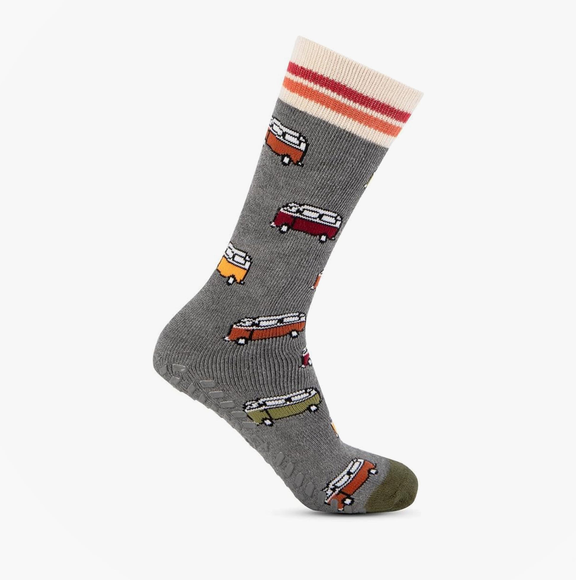 Totes Toasties ORIGINAL SLIPPER SOCKS (TWIN PACK) Mens Socks Campervan / Stripe side view showing novelty campervan design.