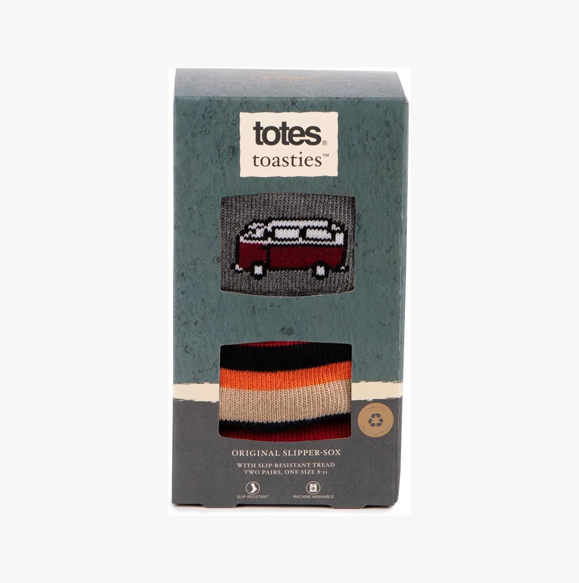 Totes Toasties ORIGINAL SLIPPER SOCKS (TWIN PACK) Mens Socks Campervan / Stripe front view of boxed socks.