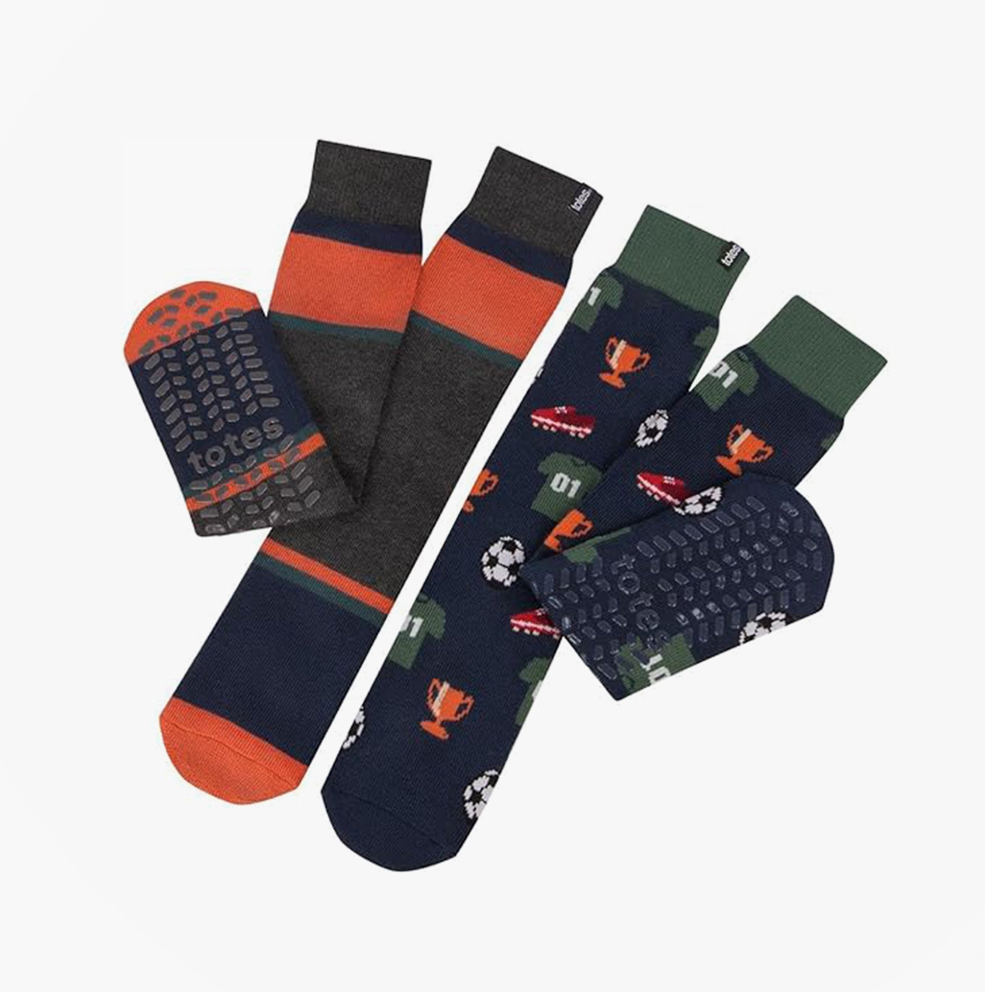 Totes Toasties ORIGINAL SLIPPER SOCKS (TWIN PACK) Mens Socks Football / Stripe front view showing novelty designs and colors.