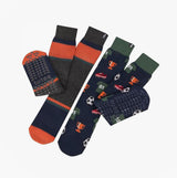 Totes Toasties ORIGINAL SLIPPER SOCKS (TWIN PACK) Mens Socks Football / Stripe front view showing novelty designs and colors.