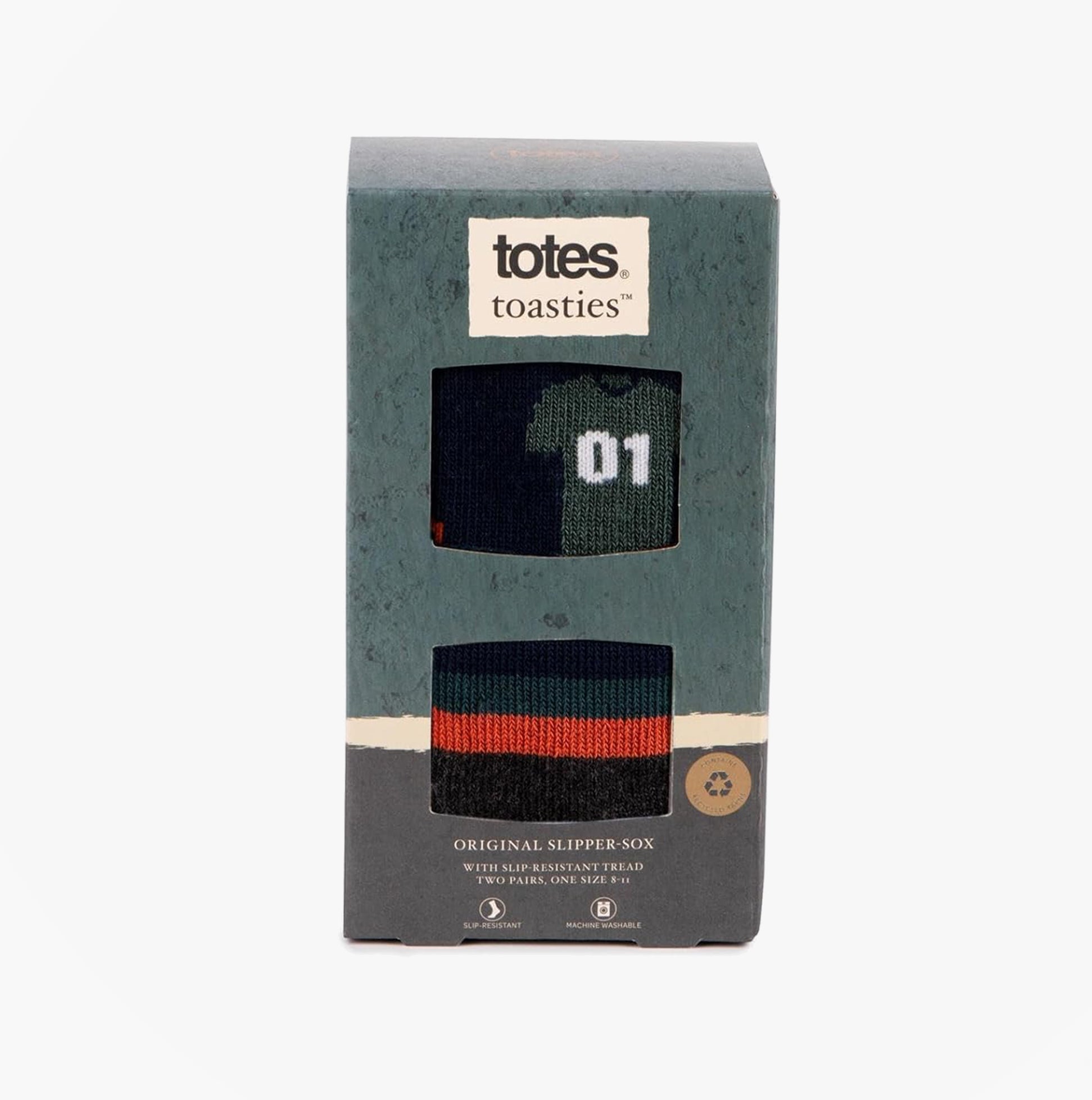 Totes Toasties ORIGINAL SLIPPER SOCKS (TWIN PACK) Mens Socks Football / Stripe boxed view, featuring two pairs in navy and striped designs.
