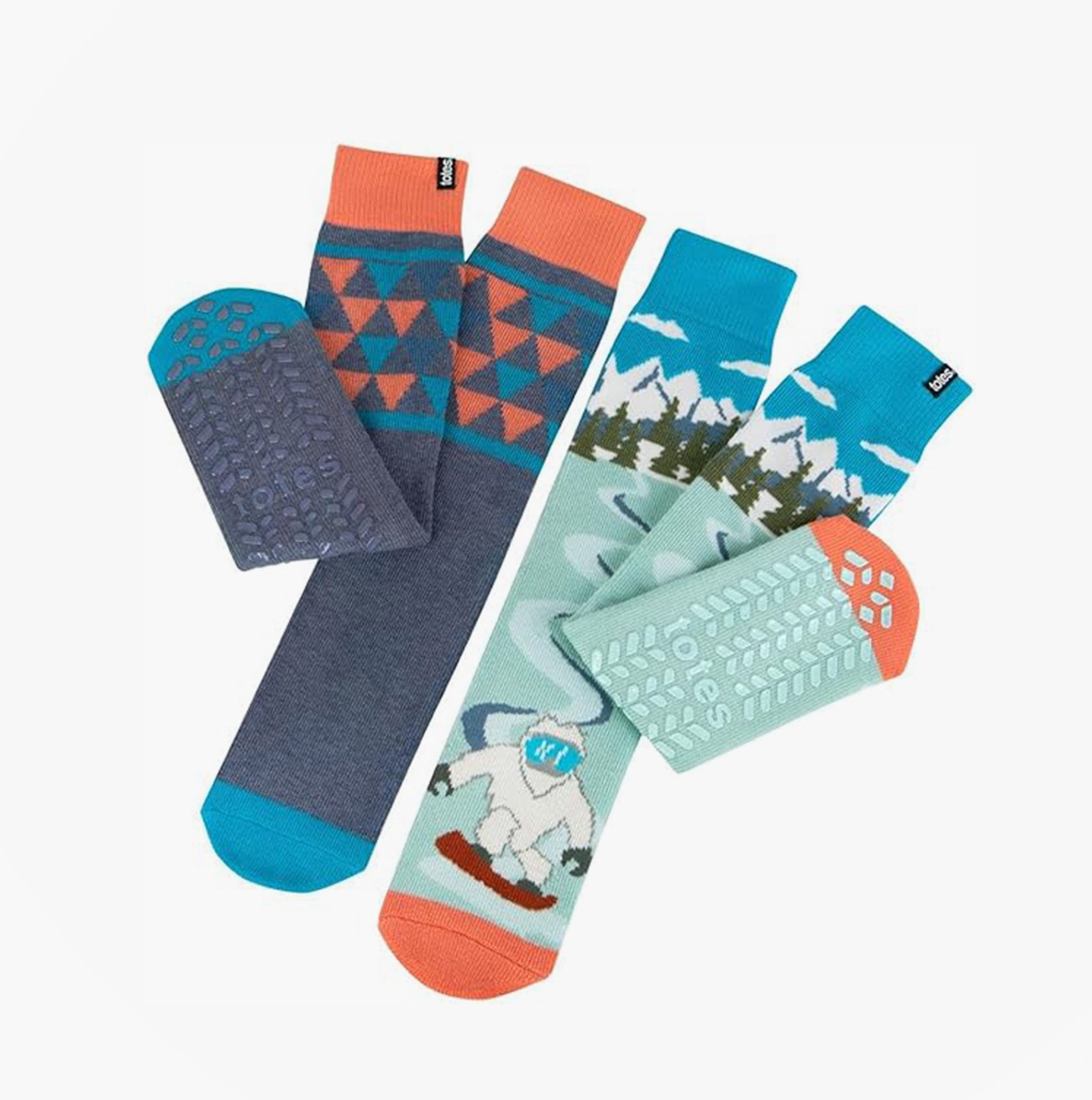 Totes Toasties ORIGINAL SLIPPER SOCKS (TWIN PACK) Mens Socks Yeti side view showcasing slipper socks with fun designs.