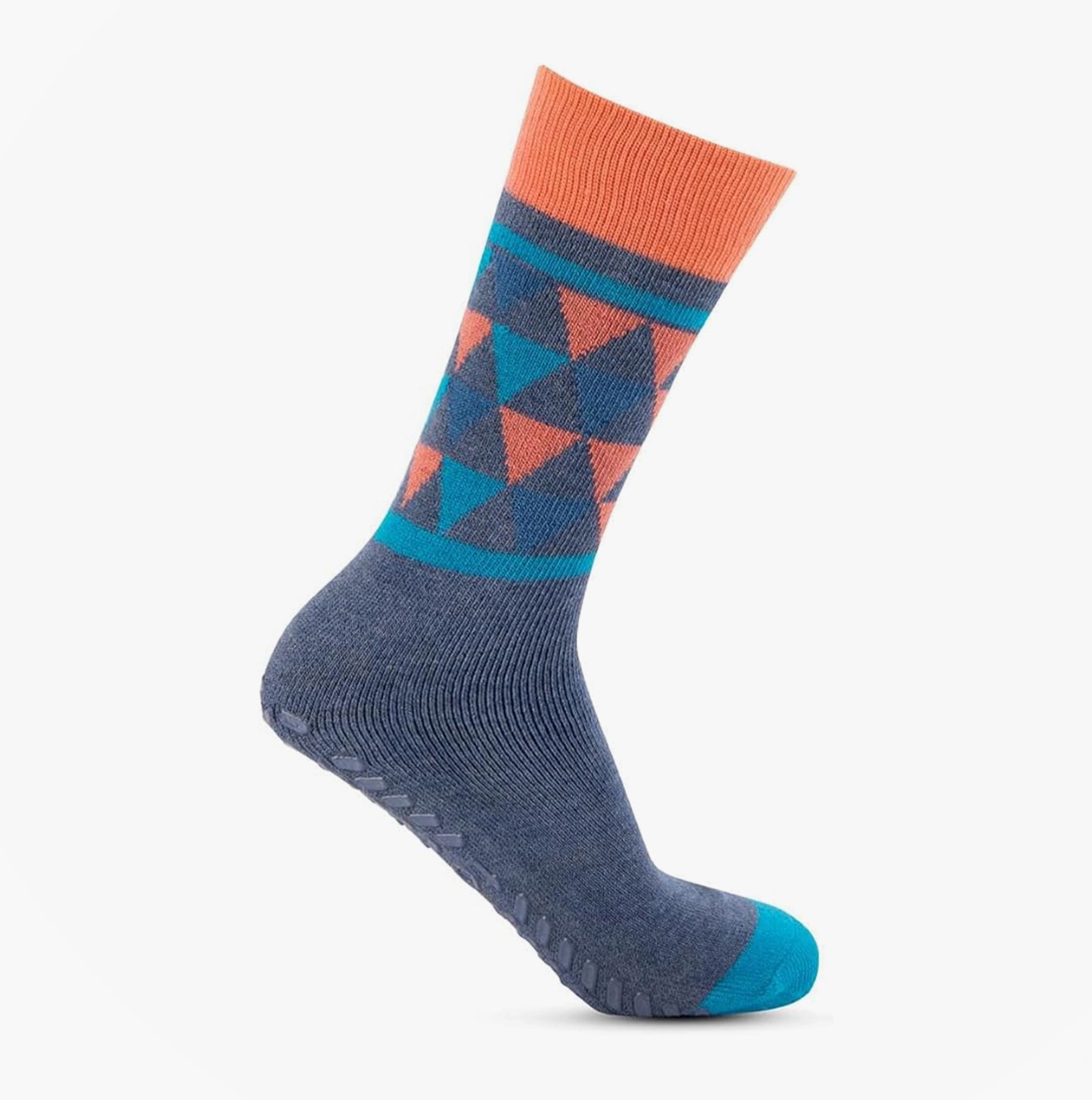 Totes Toasties ORIGINAL SLIPPER SOCKS (TWIN PACK) Mens Socks Yeti side view showing colorful geometric design and slip-resistant tread.