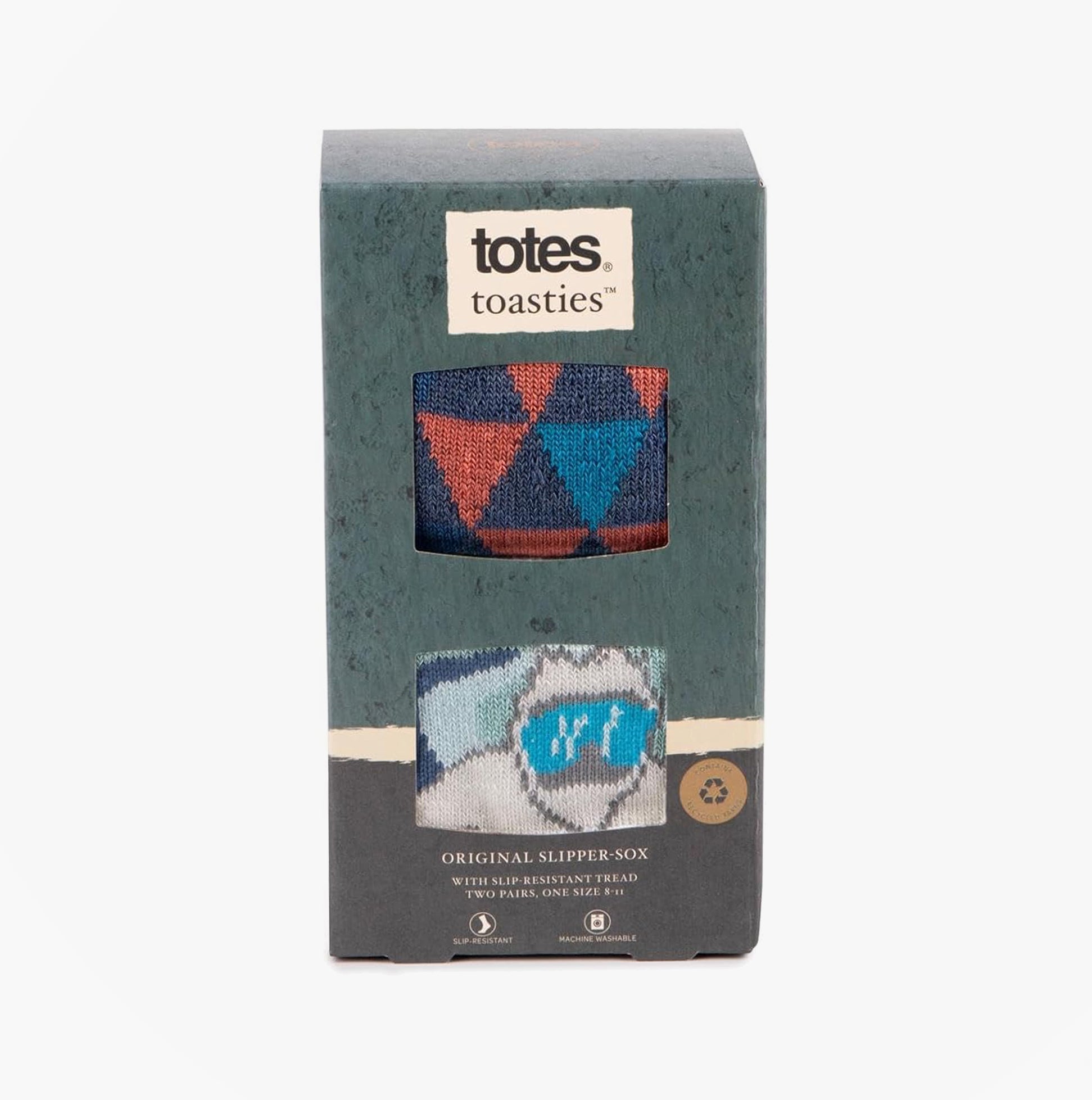 Totes Toasties ORIGINAL SLIPPER SOCKS (TWIN PACK) Mens Socks Yeti in a gift box, featuring colorful triangle patterns.