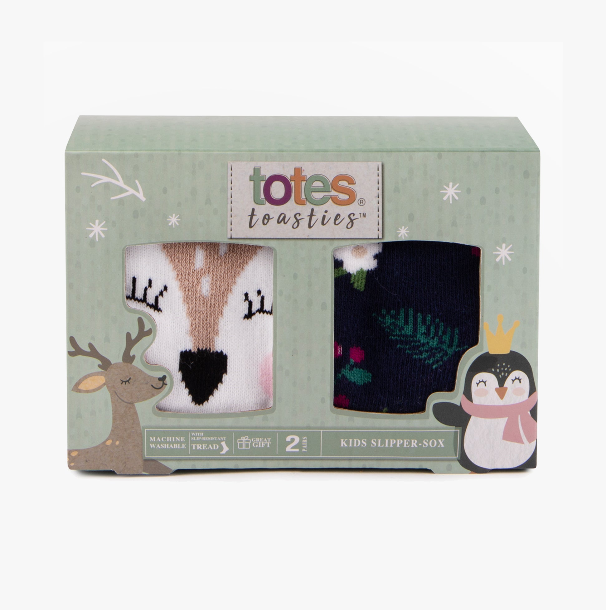 Totes Toasties ORIGINAL Slipper Socks (Twin Pack) Unisex Kids Socks Deer front view in gift box with cute designs.