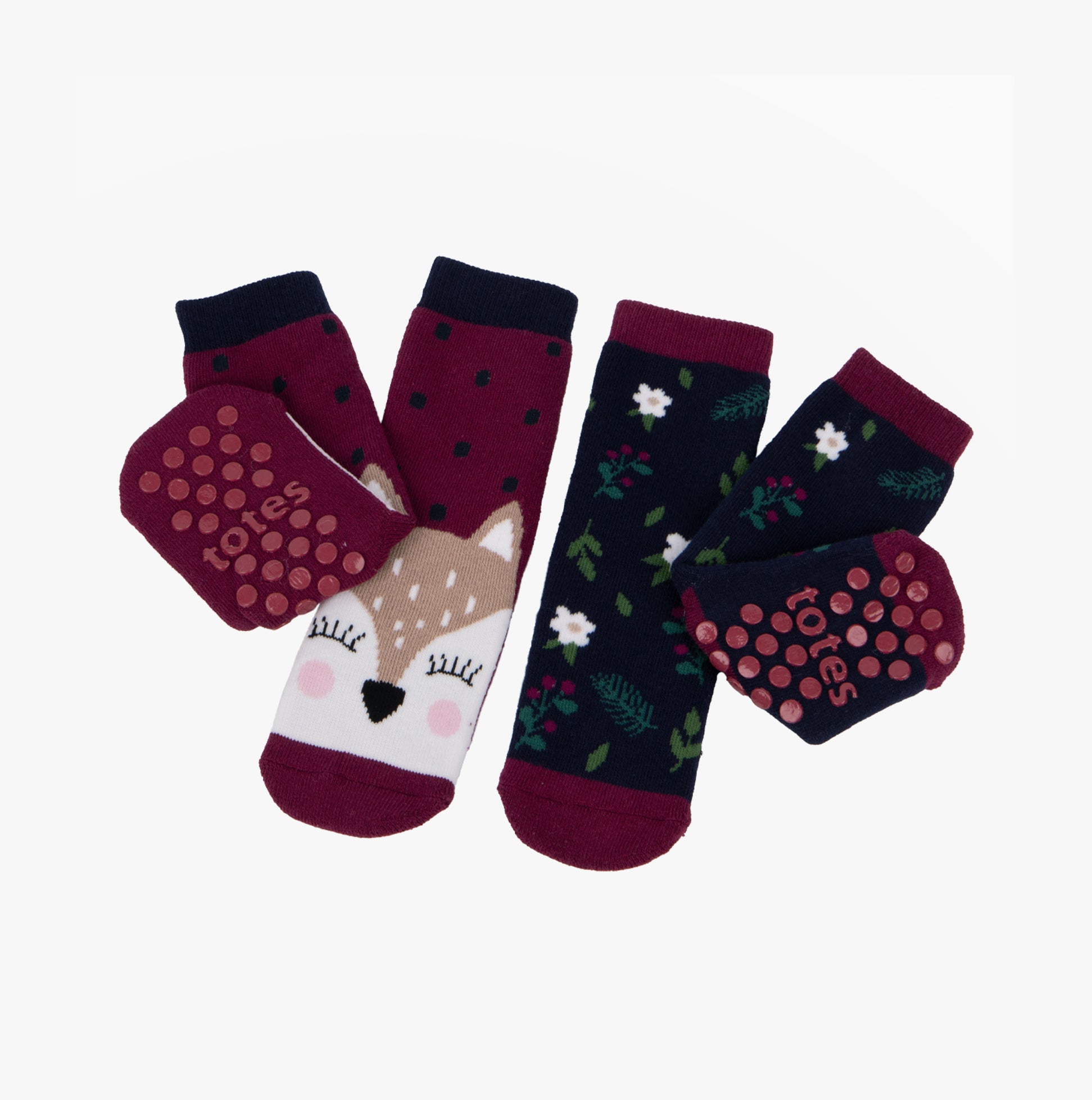 Totes Toasties ORIGINAL Slipper Socks (Twin Pack) Unisex Kids Socks Deer front view showing cute deer and floral designs.