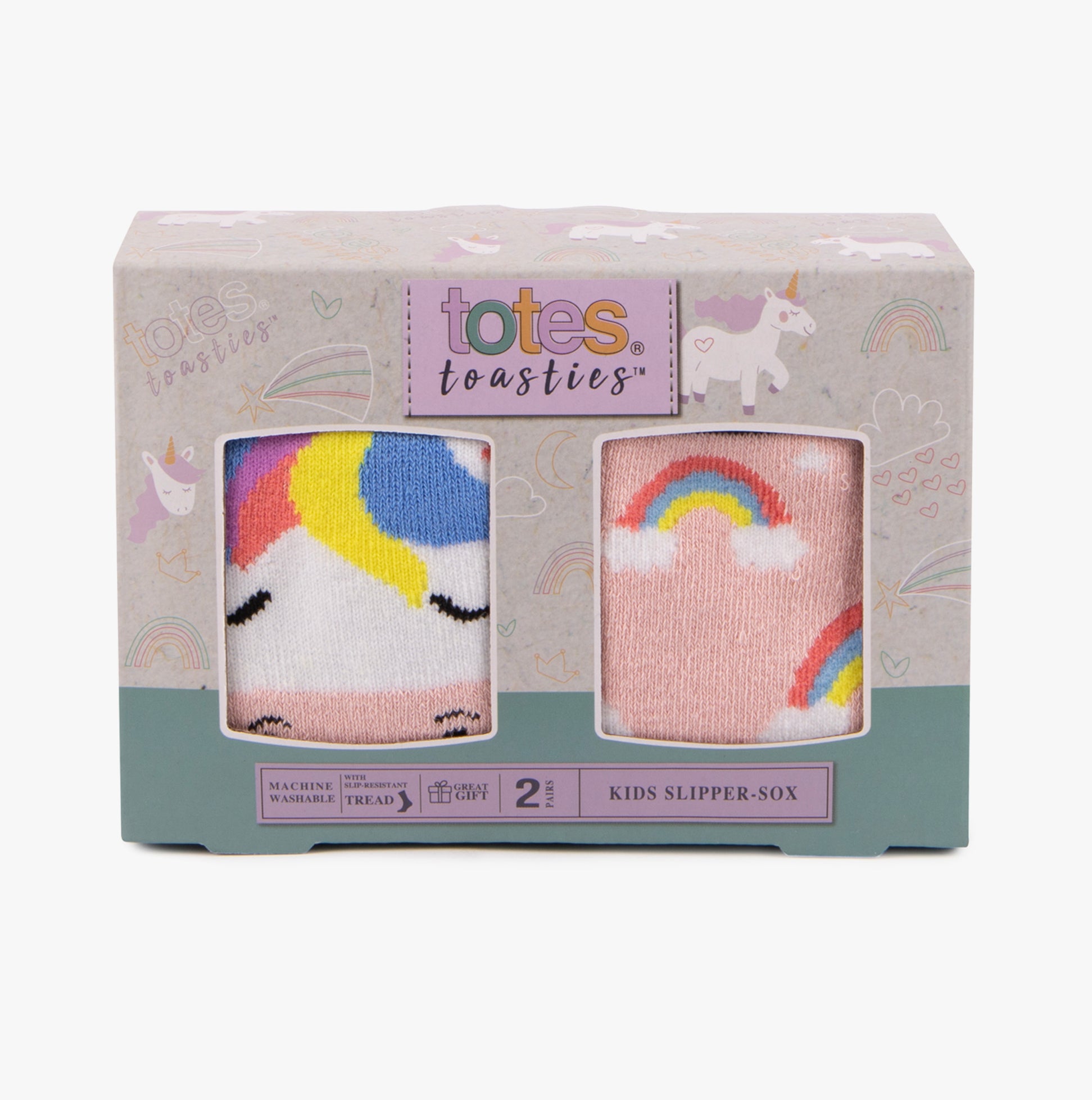 Totes Toasties ORIGINAL Slipper Socks (Twin Pack) Unisex Kids Socks Unicorn front view in gift packaging, featuring unicorn and rainbow designs.