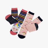 Totes Toasties ORIGINAL Slipper Socks (Twin Pack) Unisex Kids Socks Unicorn, front view showing colorful unicorn and rainbow designs.