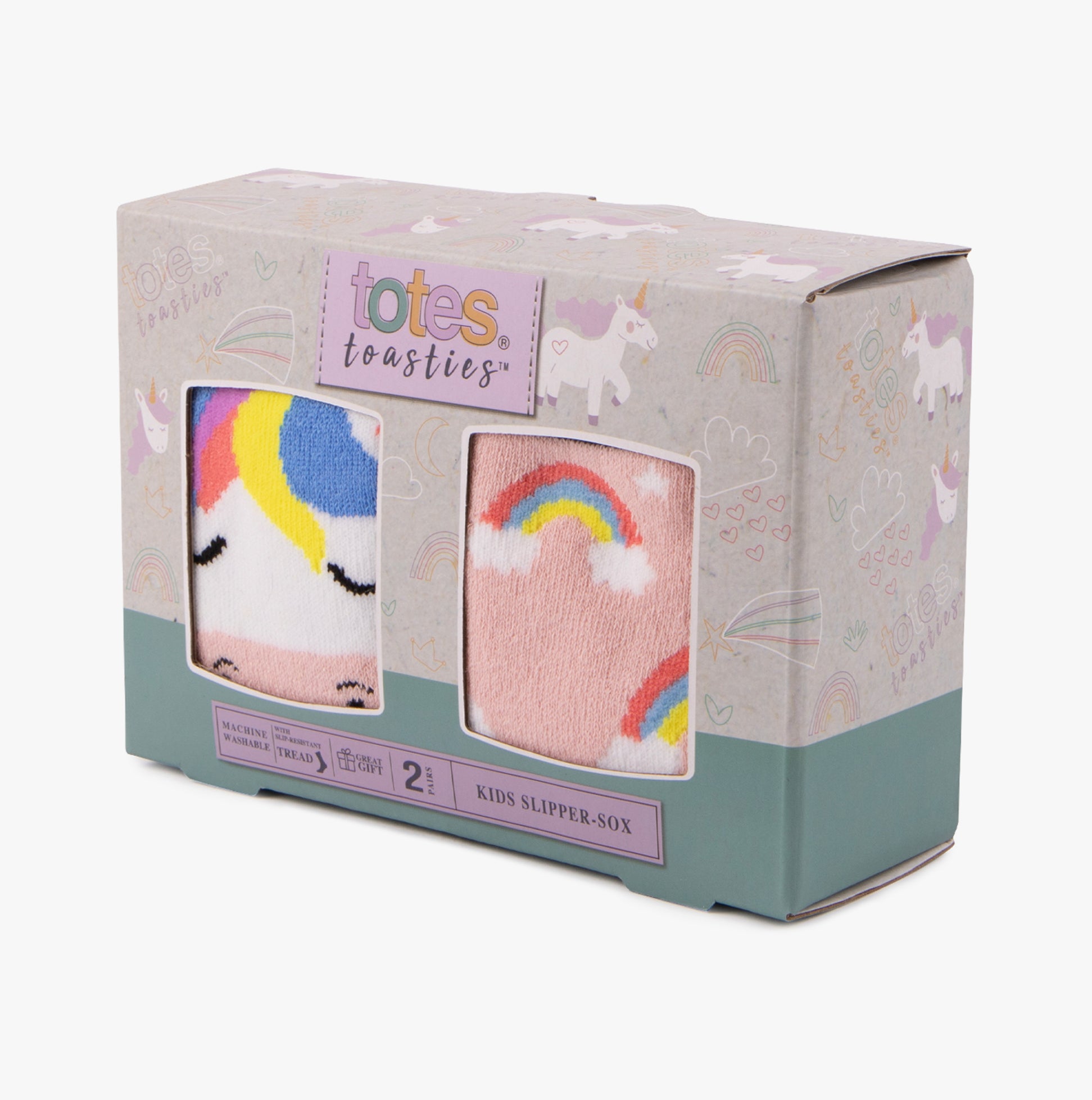 Totes Toasties ORIGINAL Slipper Socks (Twin Pack) Unisex Kids Socks Unicorn front view of gift box packaging with rainbow and unicorn designs.