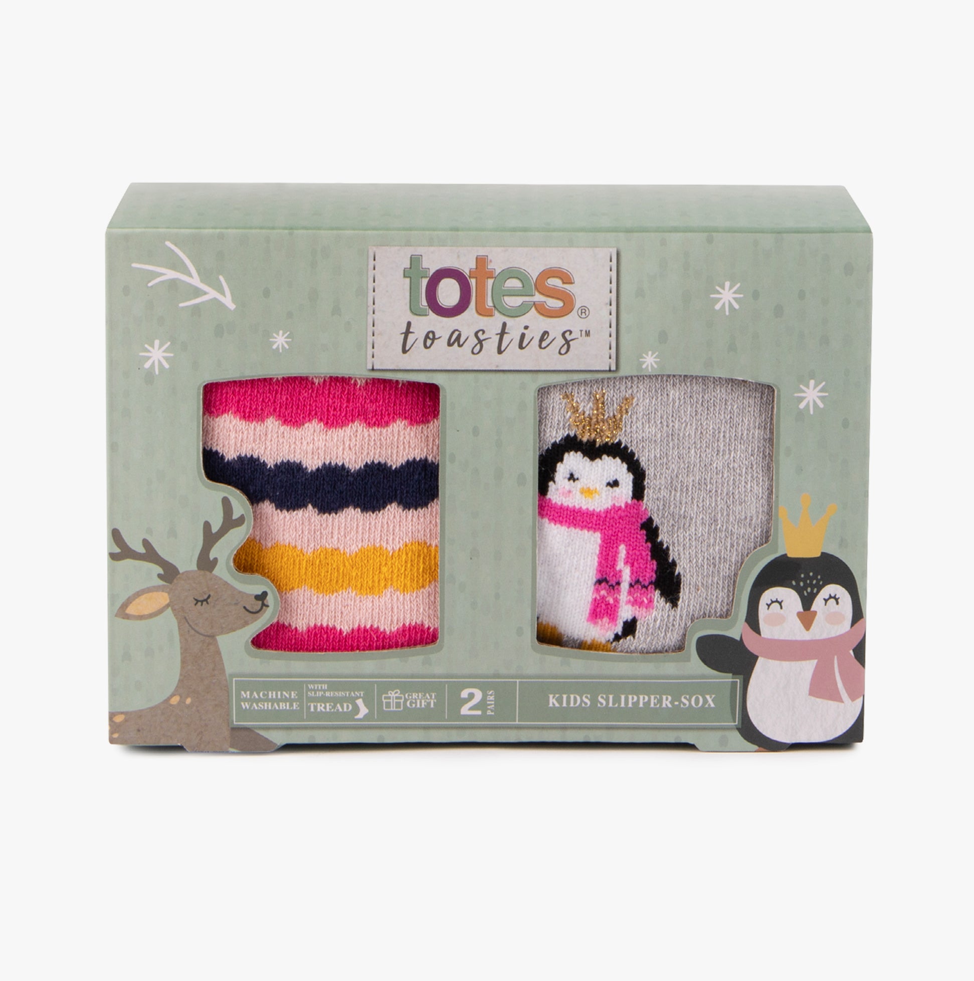 Totes Toasties ORIGINAL Slipper Socks (Twin Pack) Unisex Kids Socks Penguin / Stripe in gift box front view.