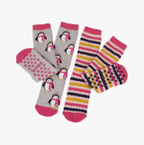 Totes Toasties ORIGINAL Slipper Socks (Twin Pack) Unisex Kids Socks Penguin / Stripe, front view showcasing design.