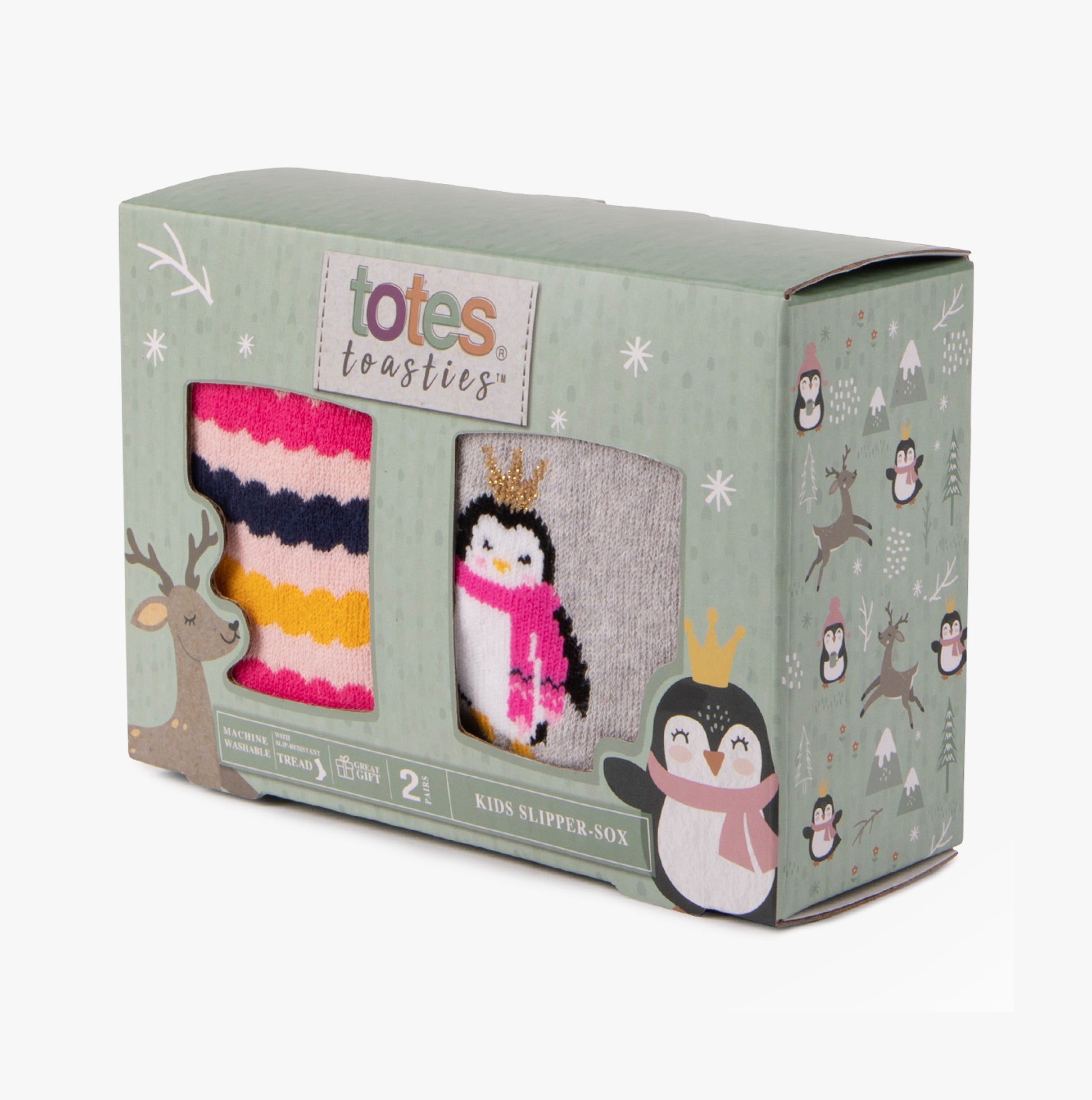 Totes Toasties ORIGINAL Slipper Socks (Twin Pack) Unisex Kids Socks Penguin / Stripe, front view of gift boxed socks.