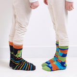 Totes Toasties ORIGINAL Slipper Socks (Twin Pack) Unisex Kids Socks Dino side view of colorful dinosaur and monster designs.