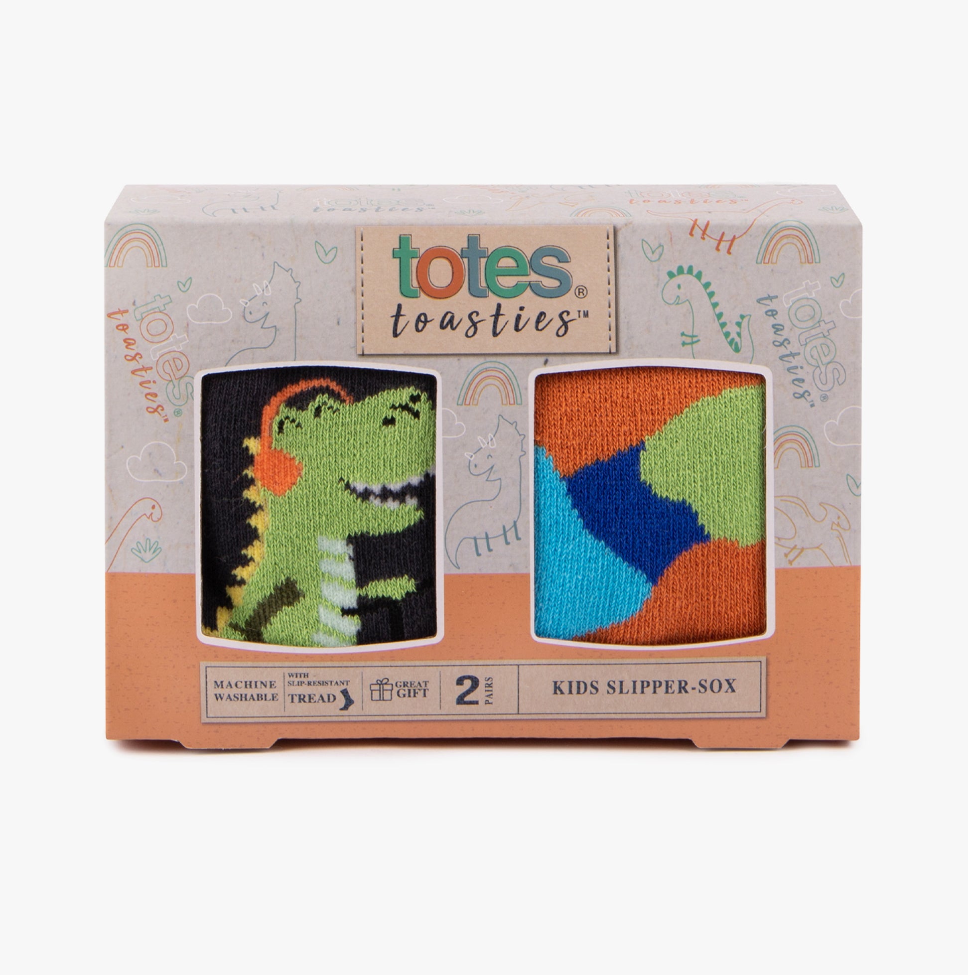 Totes Toasties ORIGINAL Slipper Socks (Twin Pack) Unisex Kids Socks Dino packaged in gift box with dinosaur and colorful designs.