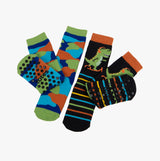 Totes Toasties ORIGINAL Slipper Socks (Twin Pack) Unisex Kids Socks Dino, front view showing dinosaur and colorful designs with slip-resistant tread.