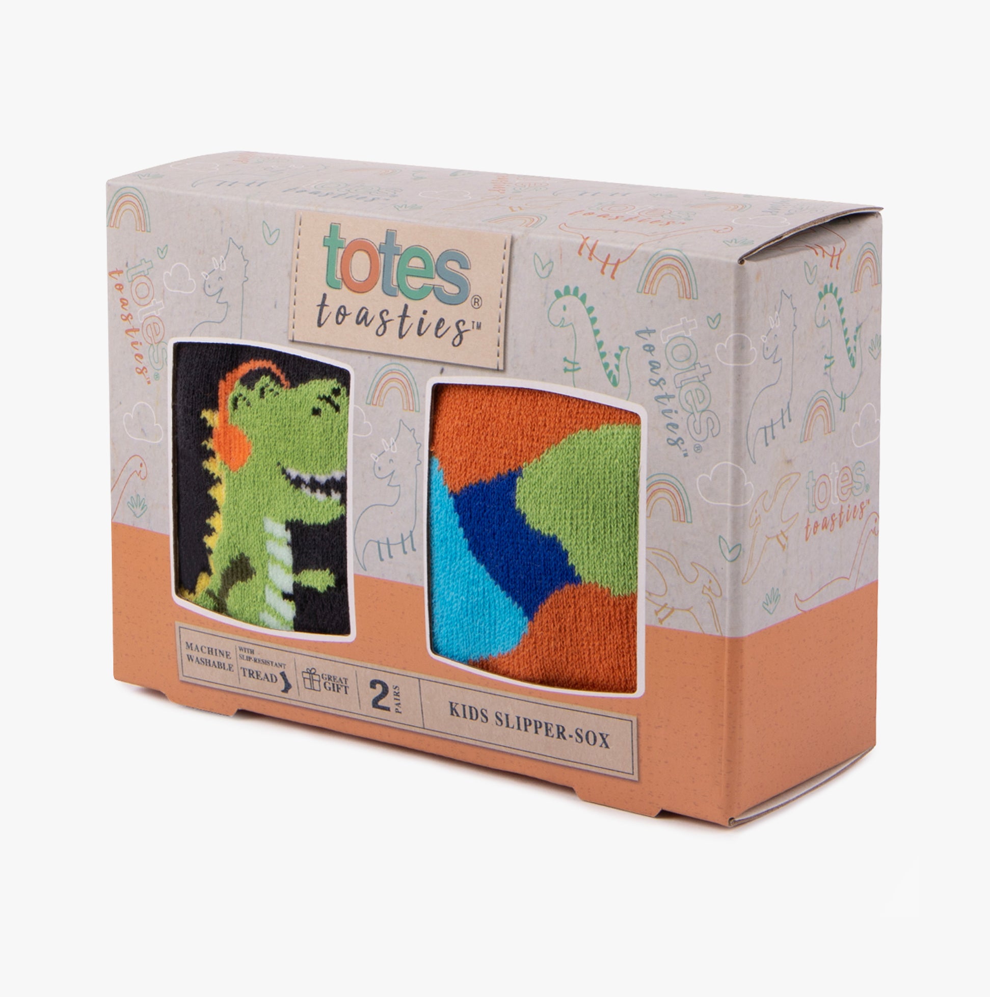 Totes Toasties ORIGINAL Slipper Socks (Twin Pack) Unisex Kids Socks Dino in gift box, featuring dinosaur and colorful patterns.