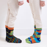 Totes Toasties ORIGINAL Slipper Socks (Twin Pack) Unisex Kids Socks Dino side view showing characterful dinosaur and monster designs.