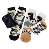 Totes Toasties ORIGINAL SLIPPER-SOX (Twin Pack) Kids Dino/Camo, side view showing stylish dino and camo designs with slip-resistant tread.