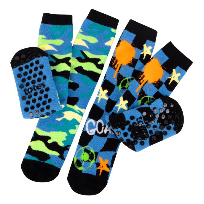 Totes Toasties ORIGINAL SLIPPER-SOX (Twin Pack) Kids Football/Camo front view showing colorful socks with slip-resistant tread.