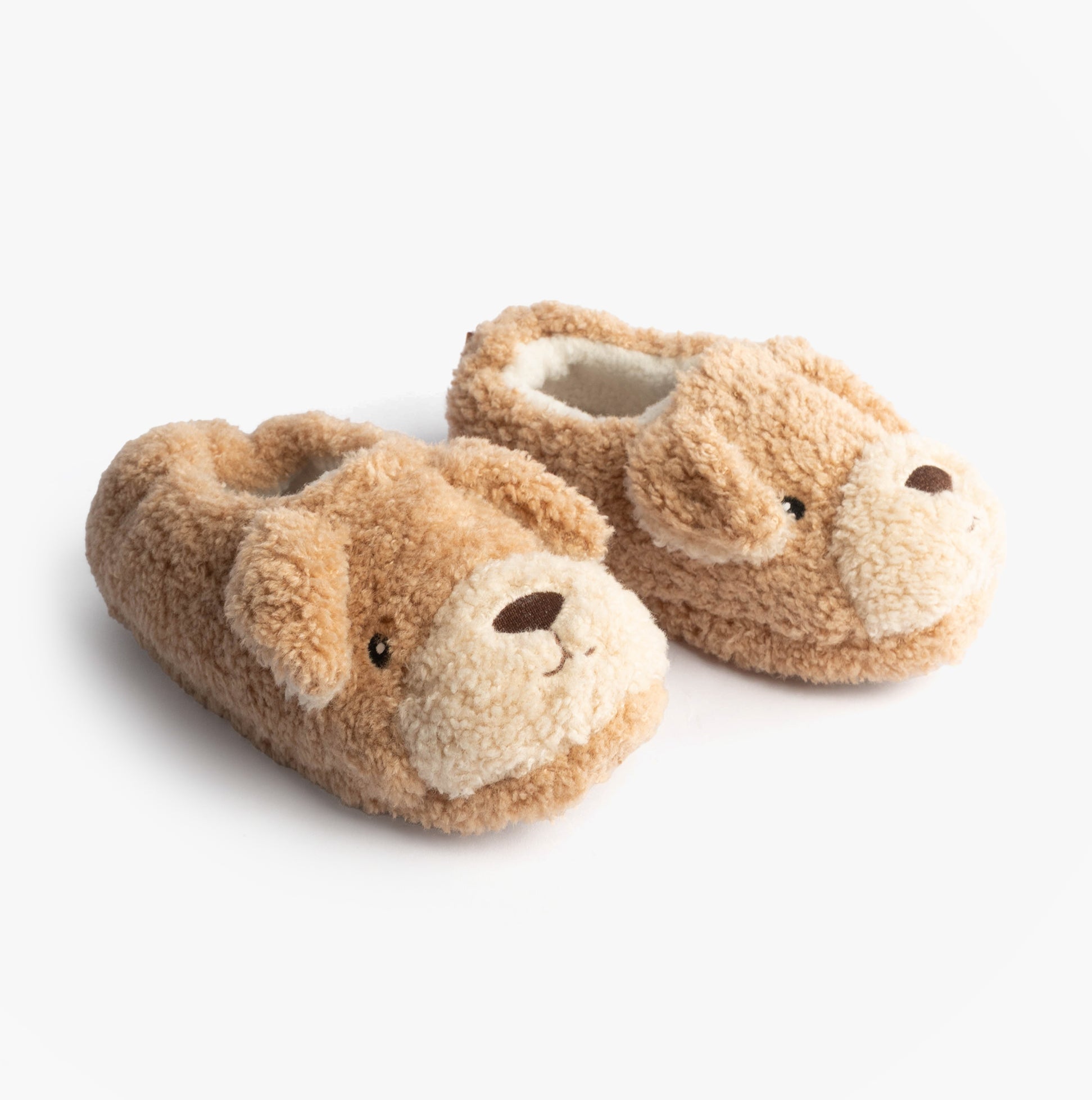 Totes Toasties NOVELTY DOG Full Back Slippers Womens Dog side view of plush dog design, featuring round toe and slip-on style.