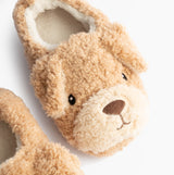 Totes Toasties NOVELTY DOG Full Back Slippers Womens Dog top view showing soft dog face design in beige.