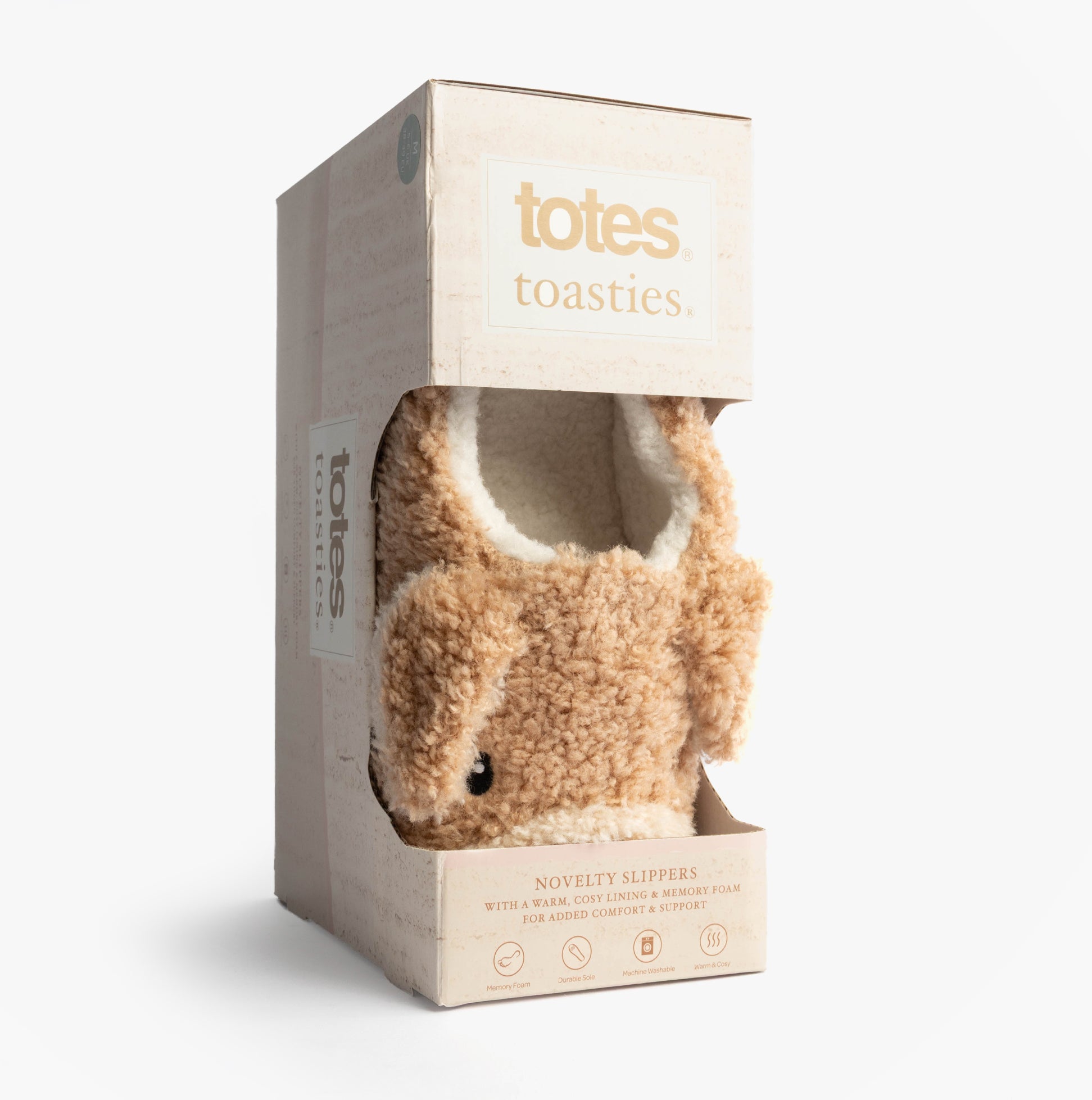 Totes Toasties NOVELTY DOG Full Back Slippers Womens Dog in gift box, side view showcasing fluffy design and packaging.