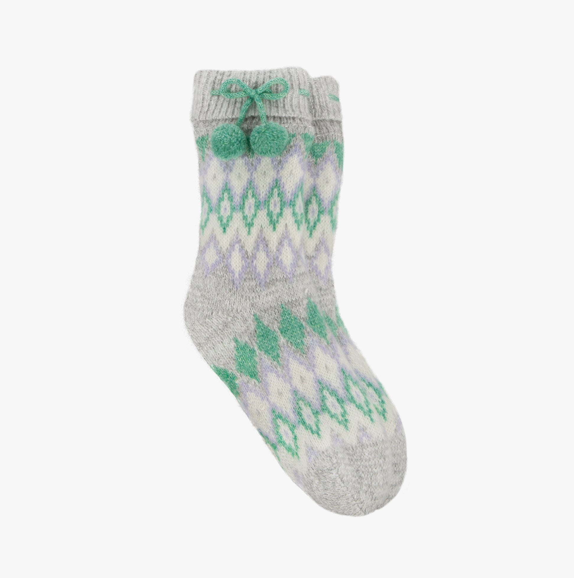 Totes Toasties FAIR ISLE CHENILLE SLIPPER SOCKS Womens Socks Fair isle side view with pom pom tie and Fair Isle pattern.