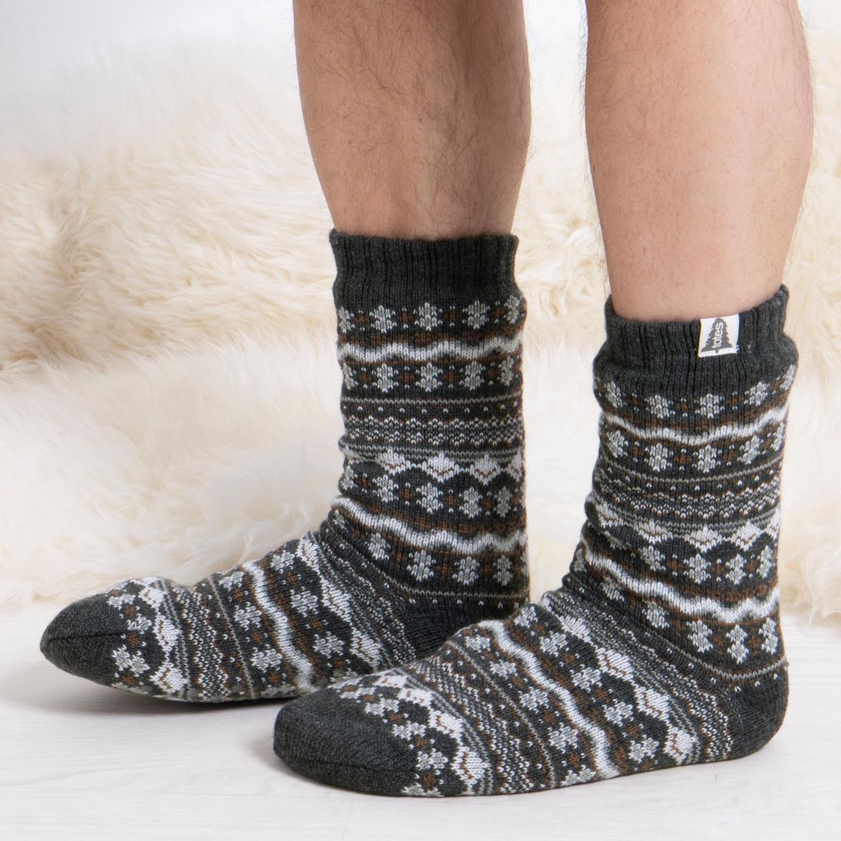 Totes Toasties SHERPA LINE FAIR ISLE SLIPPER SOCKS Mens Socks Fairisle side view of stylish patterned socks