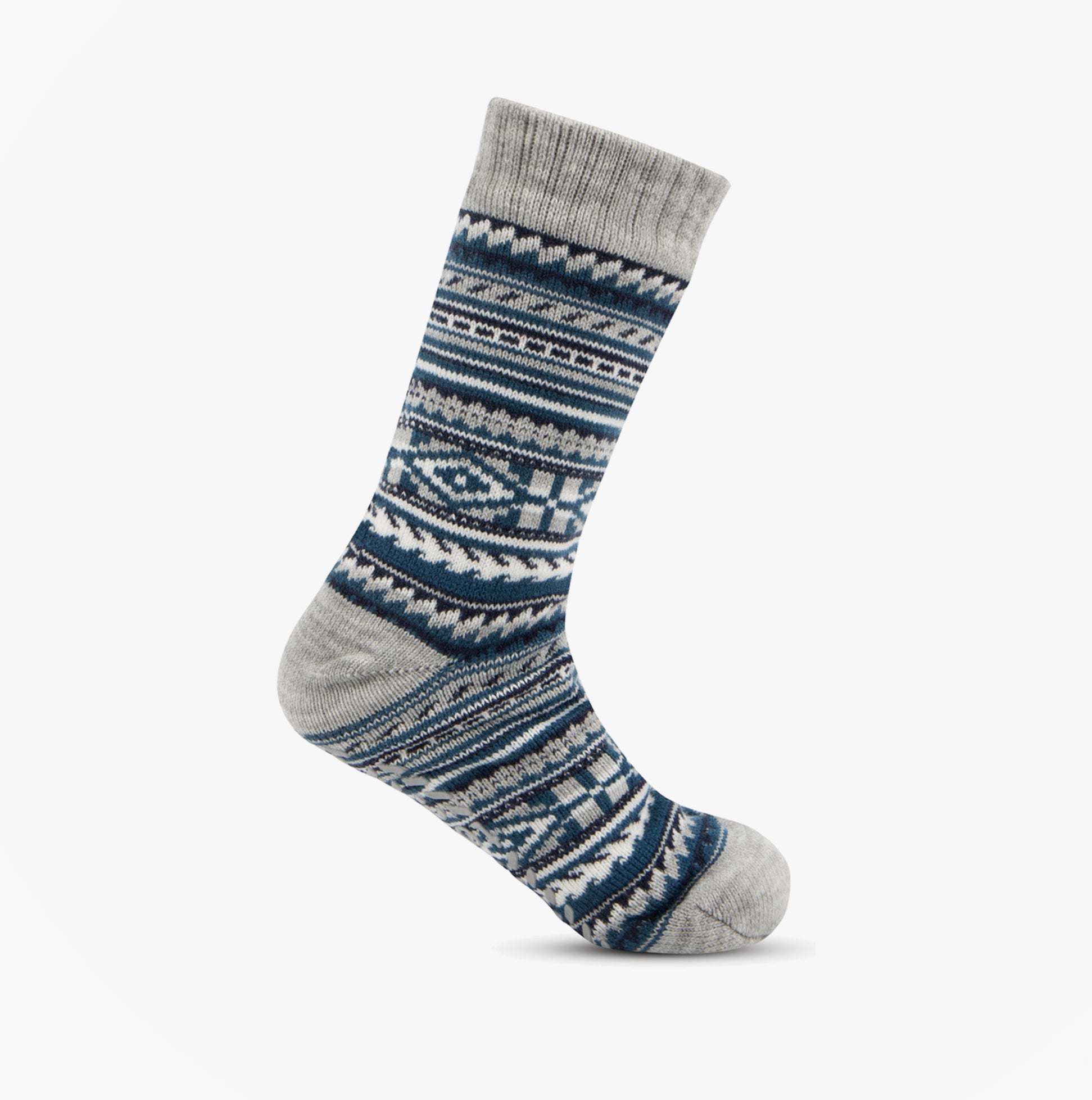 Totes Toasties SHERPA LINED FAIR ISLE Mens Slippers Socks Blue Fair isle side view showcasing intricate pattern.