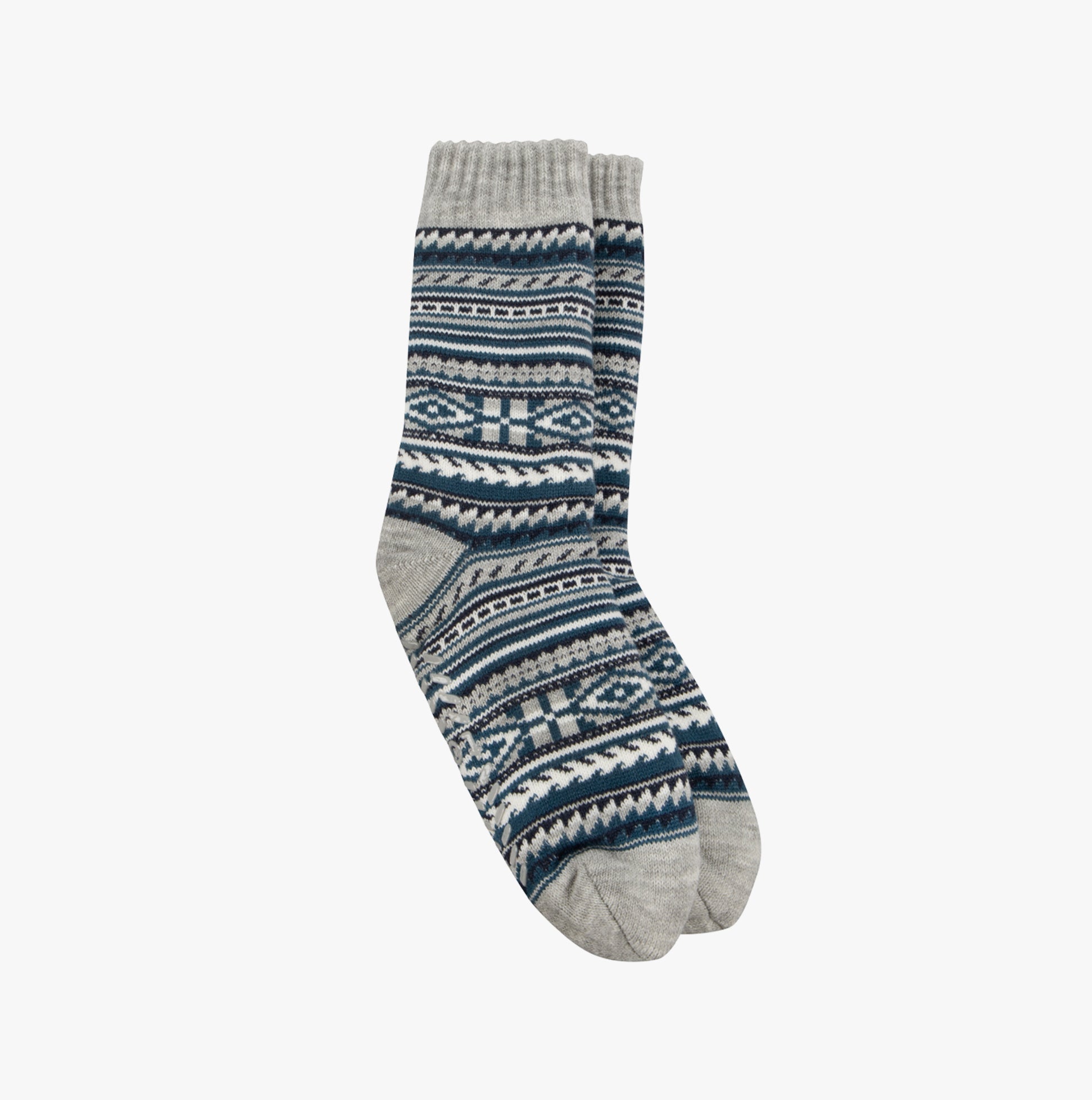 Totes Toasties SHERPA LINED FAIR ISLE Mens Slippers Socks Blue Fair isle front view of cozy slipper socks with Fair Isle design.