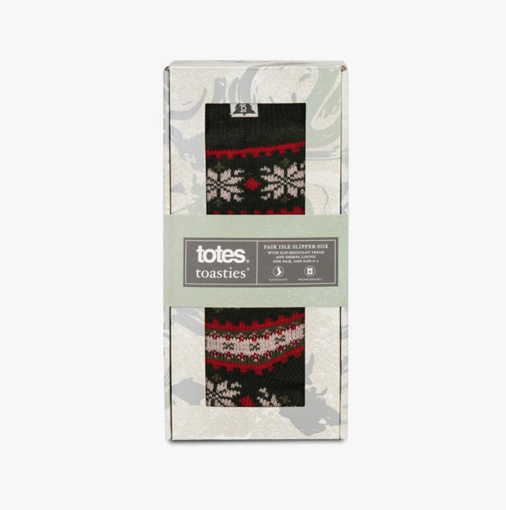 Totes Toasties SHERPA LINED FAIR ISLE Mens Slippers Socks Red Fair isle in gift box, front view with Fair Isle design.