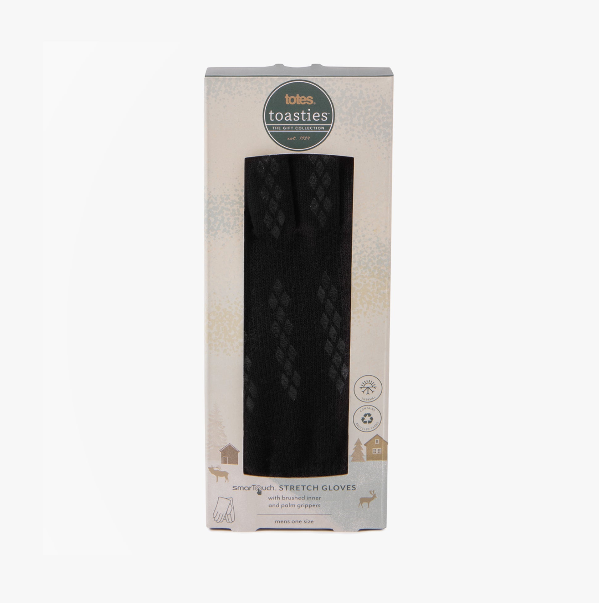Totes Toasties STRETCH KNITTED Touchscreen Gloves Mens Black in packaging, front view, showcasing design and branding.