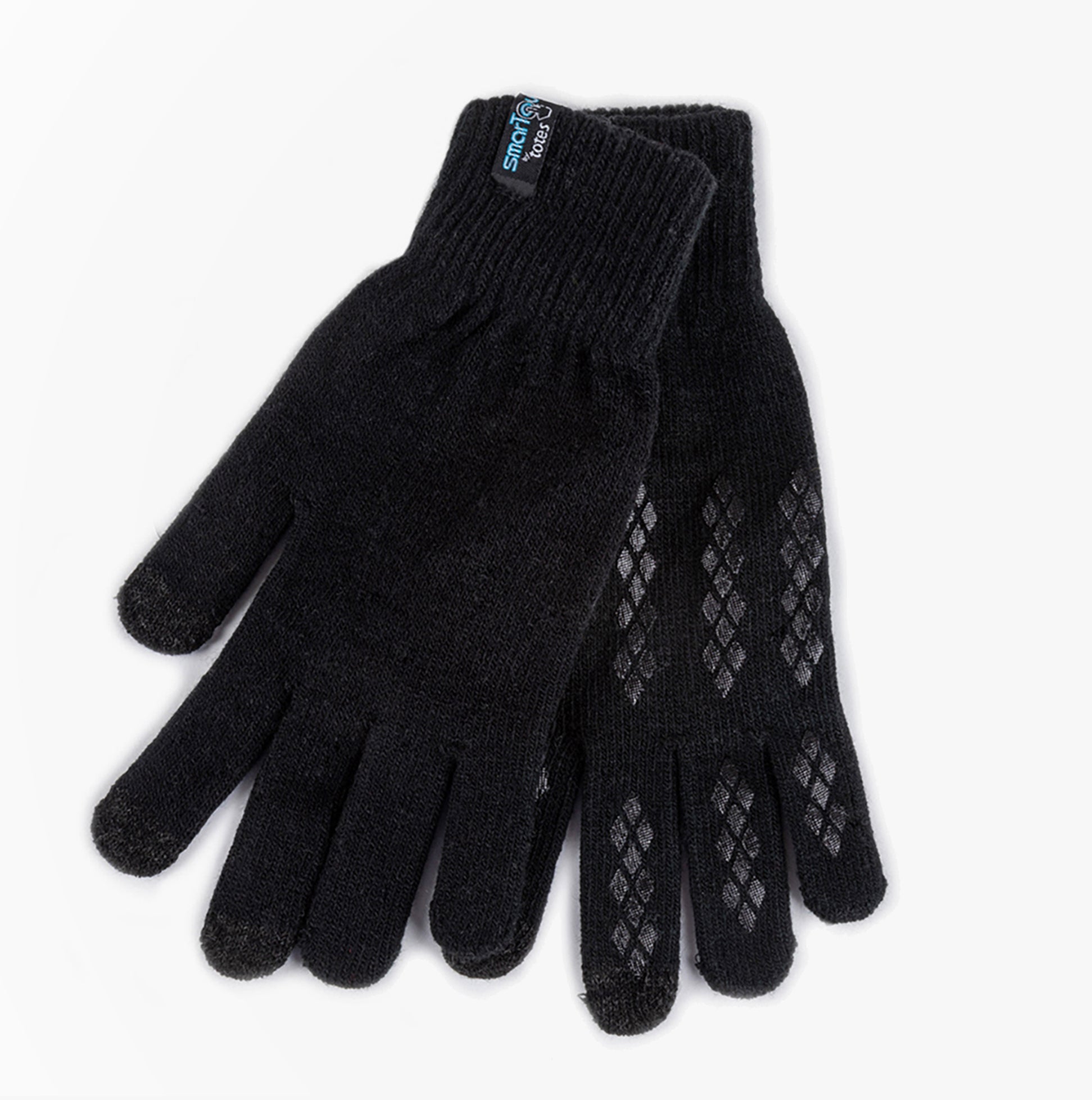 Totes Toasties STRETCH KNITTED Touchscreen Gloves Mens Black, top view with textured palm grippers for slip resistance.
