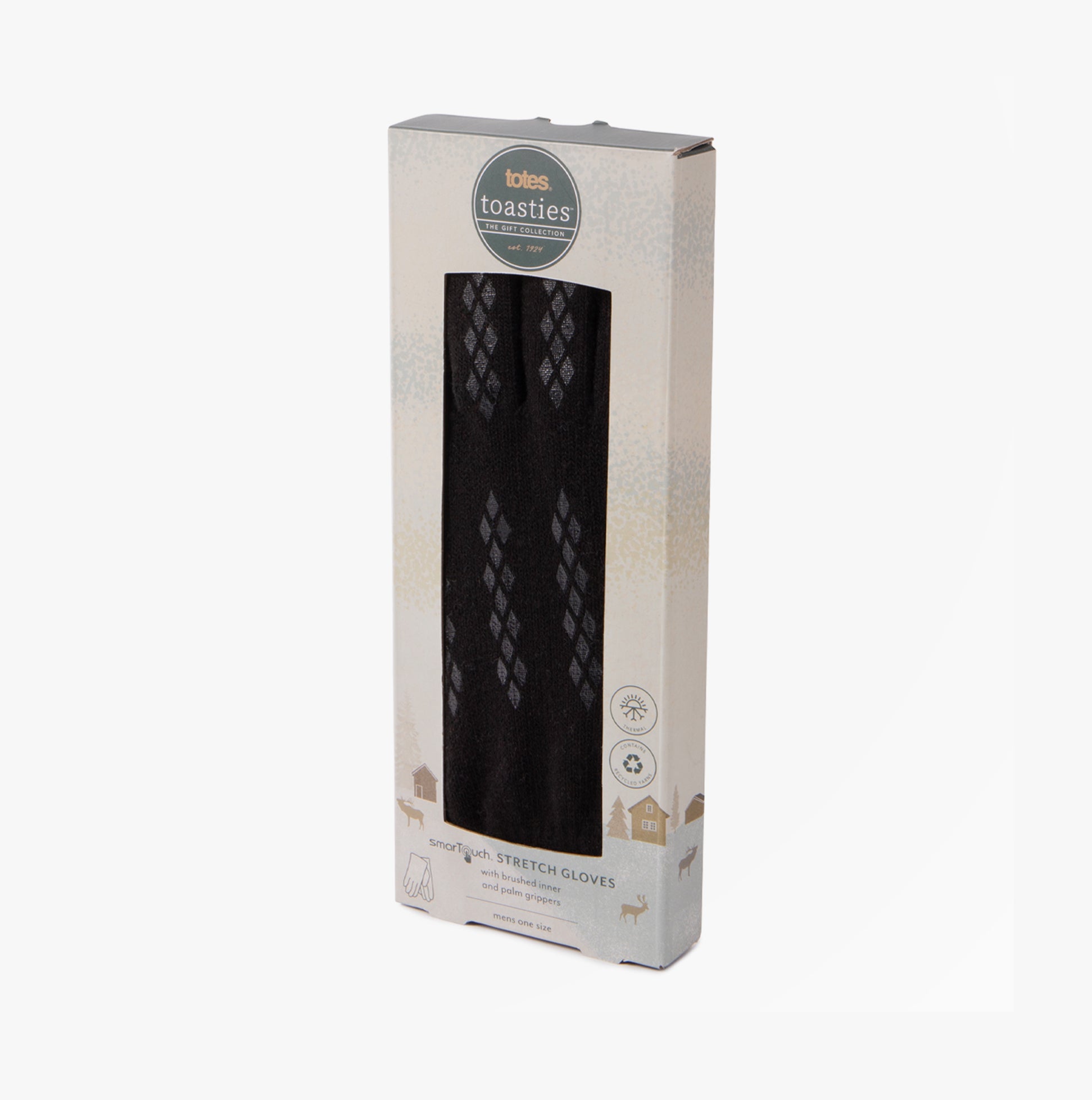Totes Toasties STRETCH KNITTED Touchscreen Gloves Mens Black in gift packaging view with intricate design details.