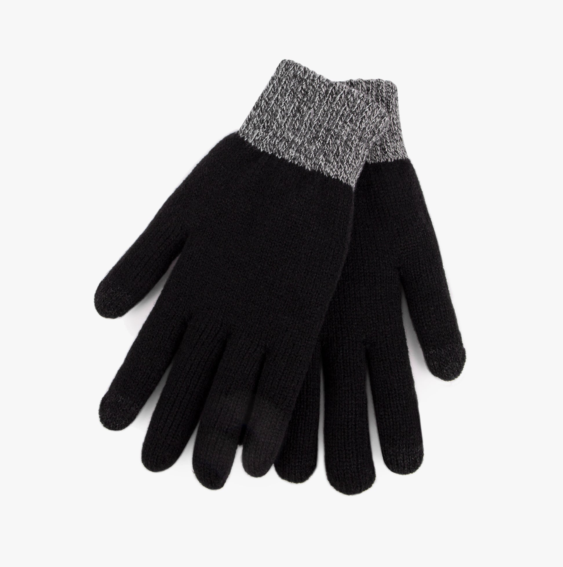 Totes Toasties STRETCH KNITTED SMARTOUCH Mens Gloves Black, top view showcasing textured cuff and sleek black design.